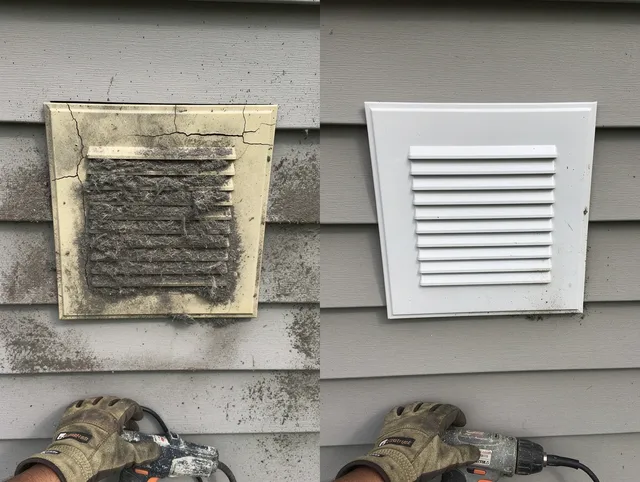 Concord Dryer Vent Cleaning technician installing high-quality dryer vent cover at a residential property in Concord